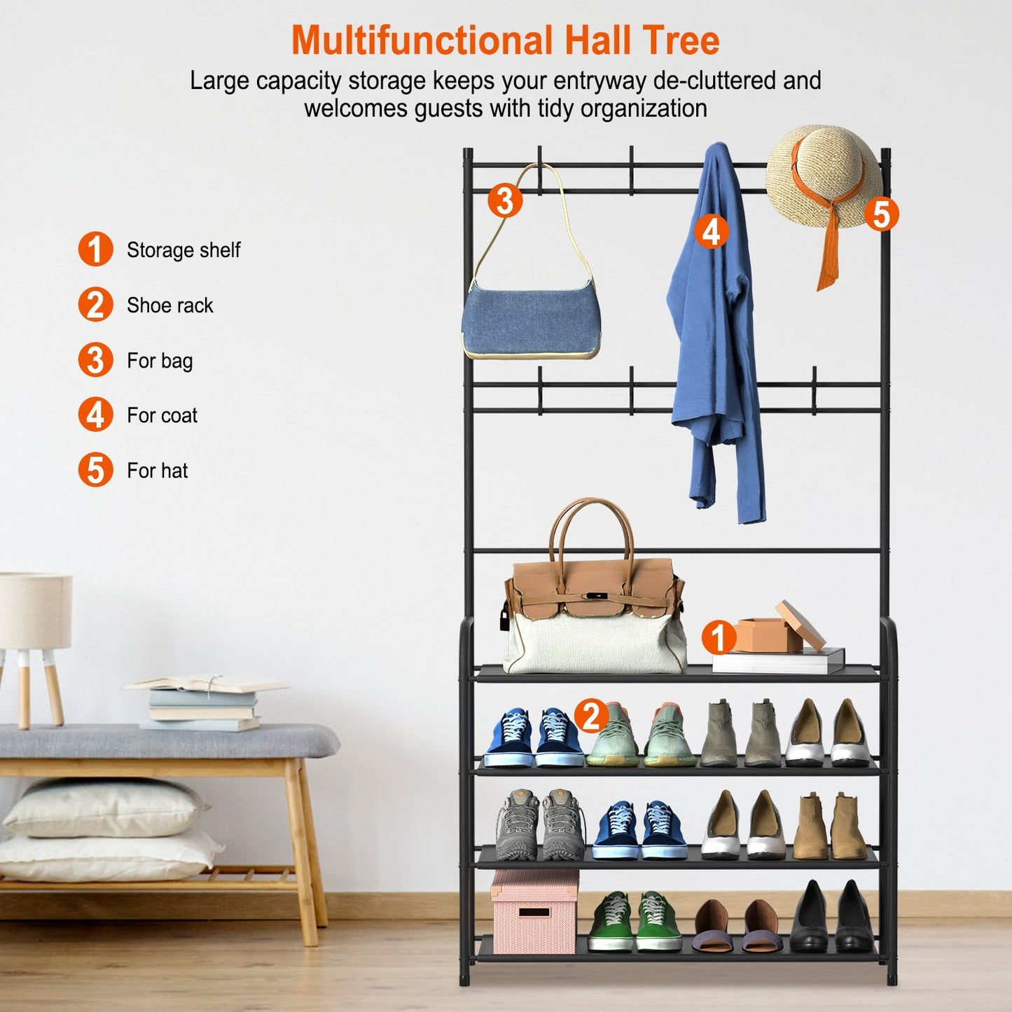 Entryway Coat, Hat, and Shoe Storage Shelf 5 Tier Shoe Rack