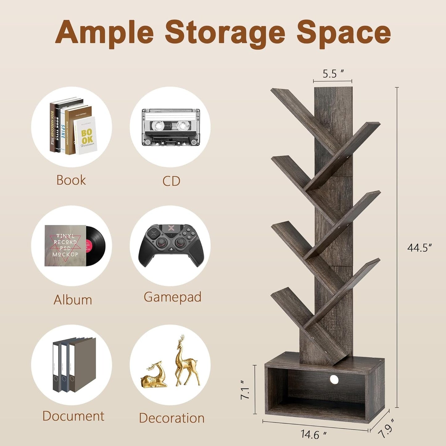 6 Tier Tree Bookshelf Bookcase With Drawer Grey Office